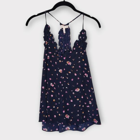 Rebecca Taylor Womens Mia Floral Silk Camisole Ruffle Trim Navy Blue 10 Romantic - Picture 2 of 10